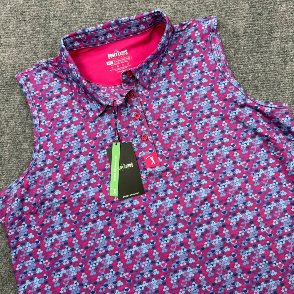 Bogey Bros Whale Tail Sleevelll Golf Polo XXL Pink Blue Geometric Scale Women's